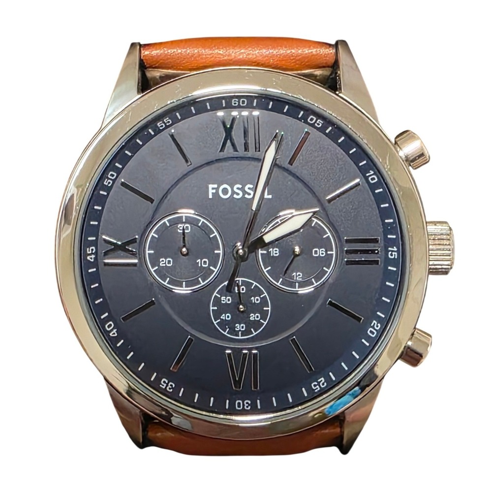 Fossil Flynn Chronograph Mens Watch BQ2125IE Brown Leather Navy Blue Dial Silver
